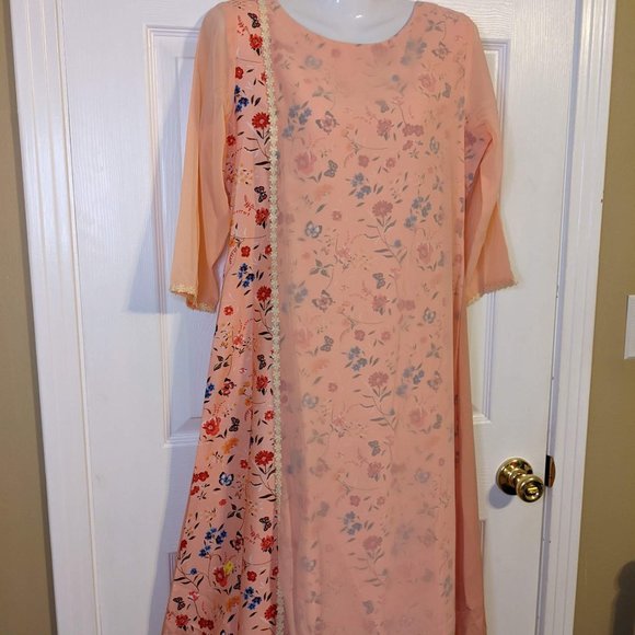 Janasya Floral Peach Sheer Crepe Overlay 3/4 Sleeves Maxi Dress - S/M NWT - Picture 3 of 6